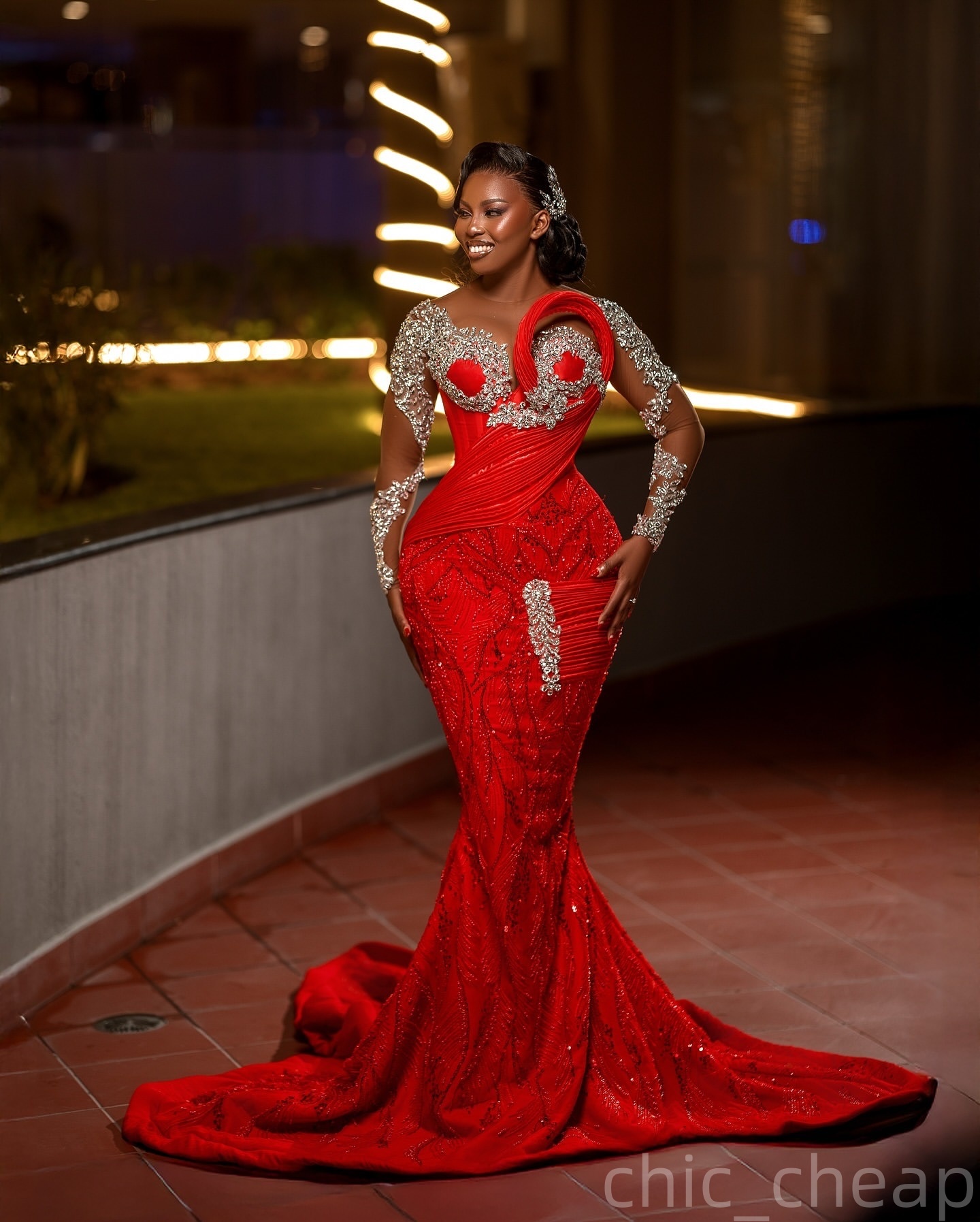 Mermaid Red Prom Dresses 2025 Crystals Lace Sheer Neck Stylish Evening Formal Party Second Birthday Engagement Gowns Plus Size Dress For Special Occas