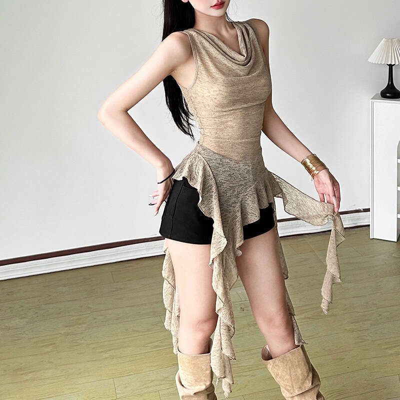 2025 Summer New Style Halter Neck Sleeveless V-Neck Slim Fit Irregular Ribbon Top for Women 42f