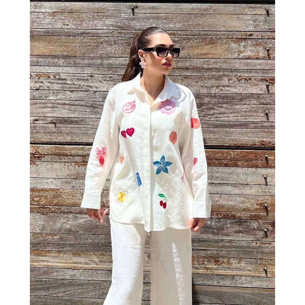Designer Leisure High Quality Fashion Embroidery Casual Trousers Outfit Spring Women Long Sleeved Lapel Shirt+High Waist Loose Wide Leg Pants Two Piec