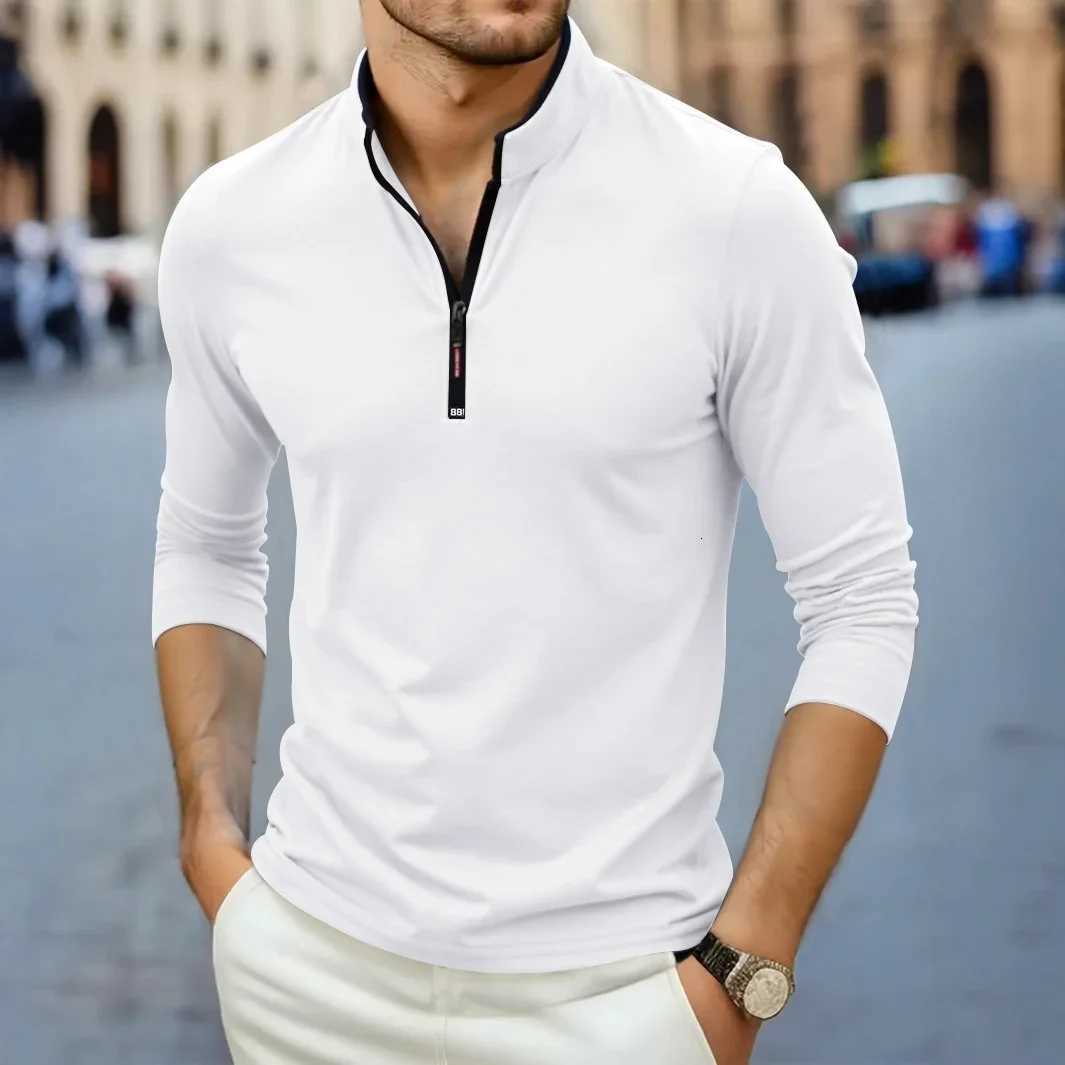 2025 New Mens Casual Fashion Solid Color Long Sleeve Polo Shirt Stand Up Collar Versatile Comfortable Top XJ250725