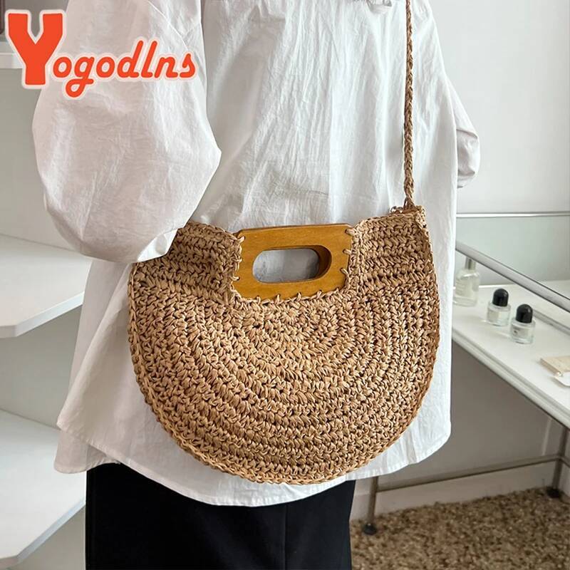 Minimalist Straw Bag for Women Summer Half-moon Beach Handbags Rattan Handmade Kintted Handle Bags Bolsas