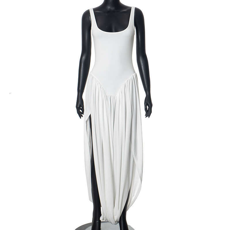 Y24ds326 Women's Summer New Solid Color Sleeveless U-Neck Sexy Slit Long Dress B5