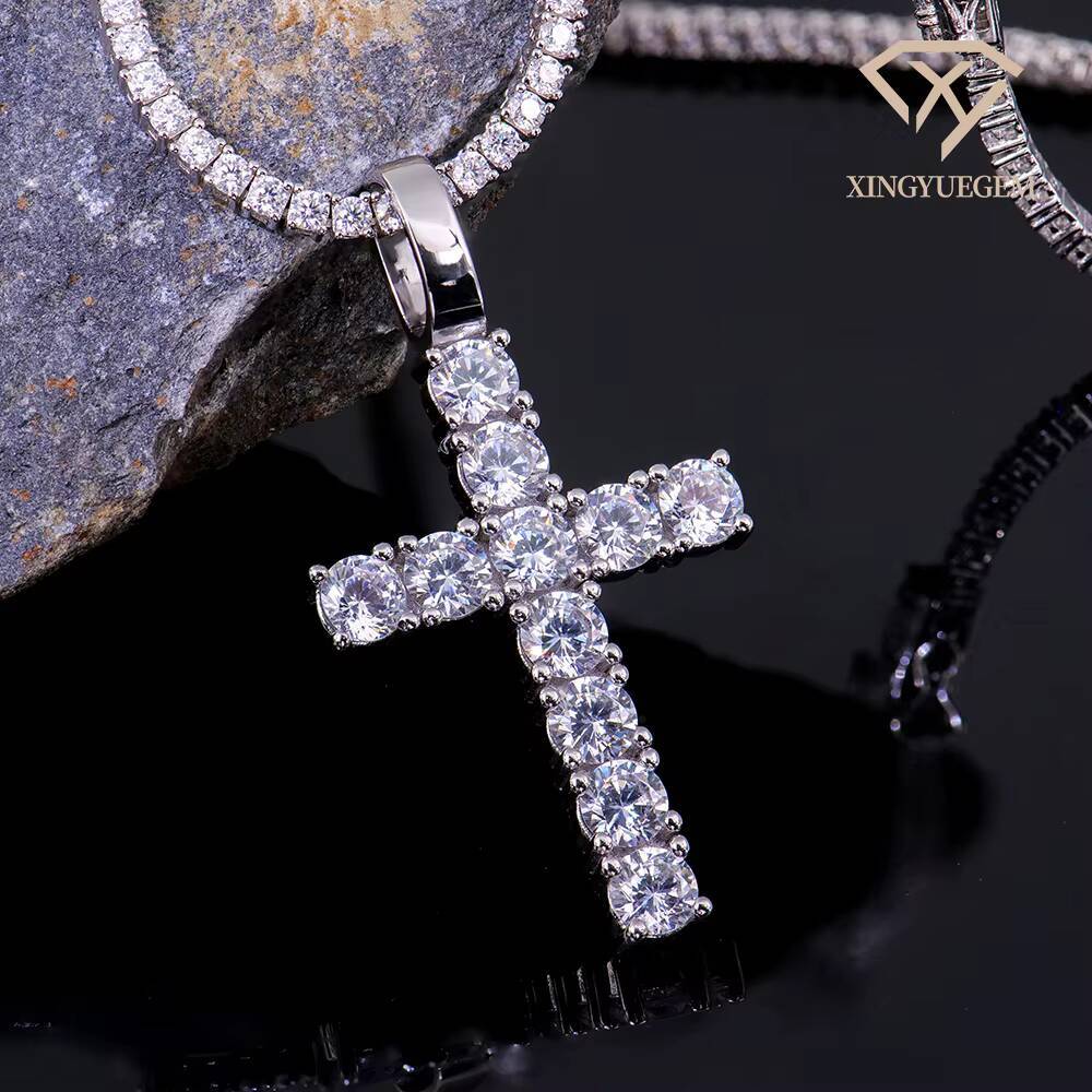 Custom 925 Sterling Silver Cross Pendant for Men Hip Hop Style Rhodium Plated Ice Moissanite Chain Fine Pendants Charms