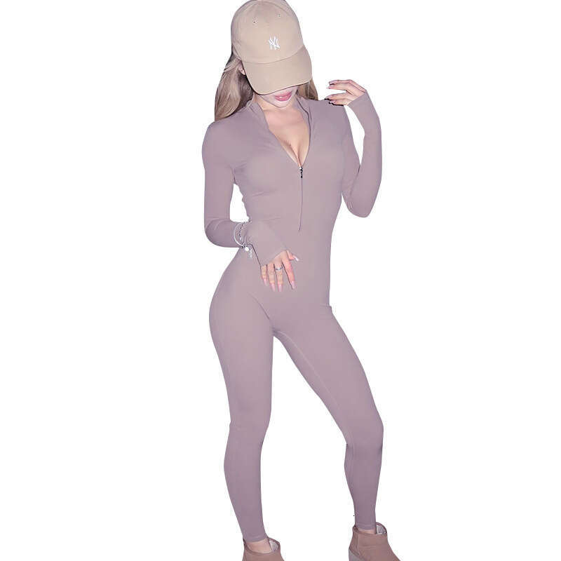 Yjp670 Women's Autumn Winter Half High Collar Zipper Slimming Solid Color Tight Sports Line Jumpsuit B5