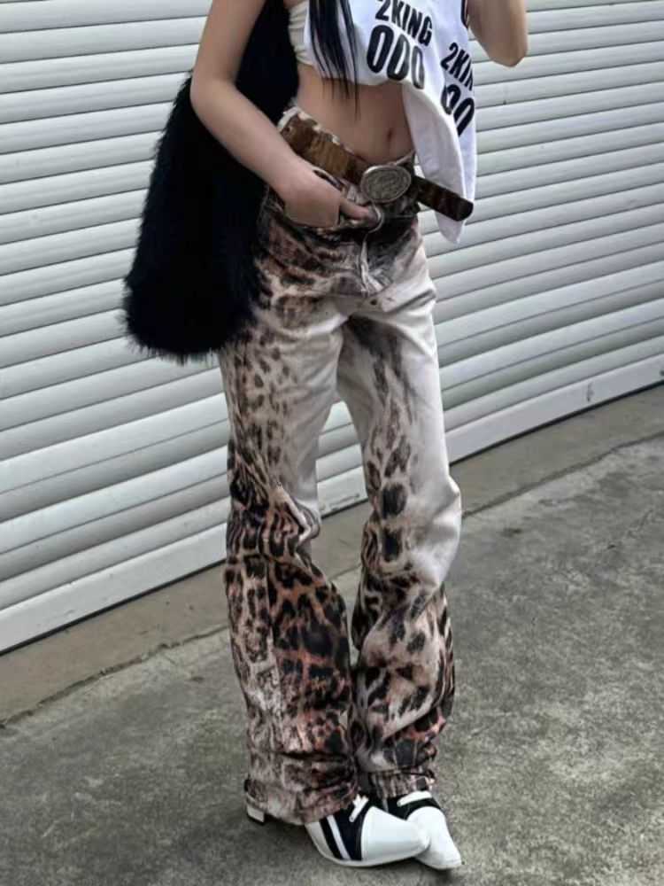 Large-size American retro digital print leopard pattern gradient denim pants - men's and women's street-style distressed straight-leg slim-f