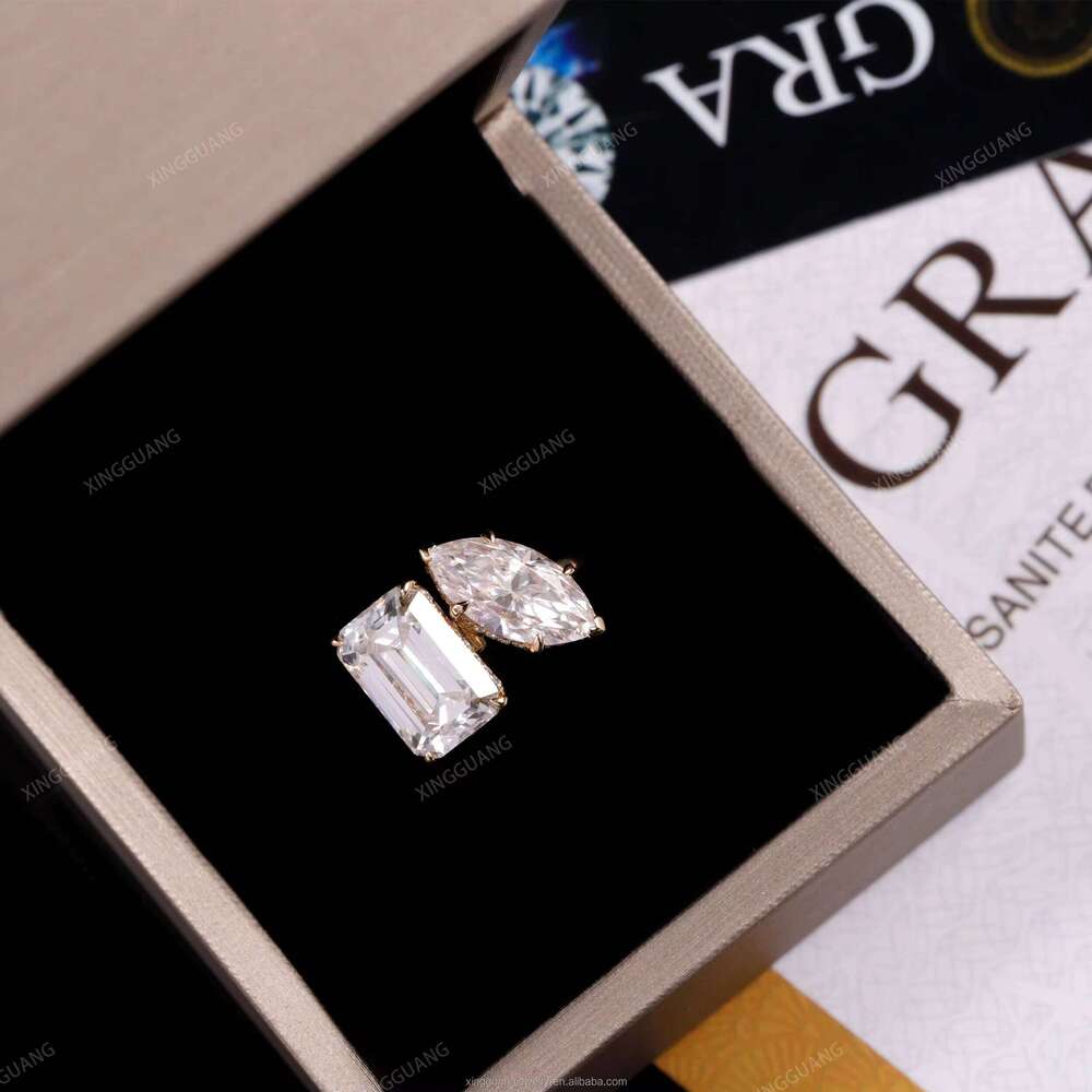 XingGuan Two Stone Toi Et Moi 2.00 CTW Emerald & Marquise Cut Moissanite Yellow Gold D/VVS1 Ring Woman