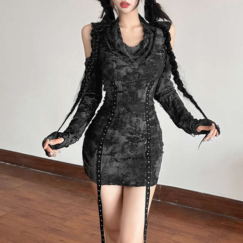2024 Autumn New Women's Solid Color Slim High Waist Street Fashion Hooded Long Sleeve Dress b4c