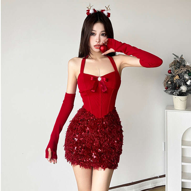 2024 Autumn New Women's Solid Color Slim Fit Bodycon Fashion High Waist Halter Backless Dress cf8