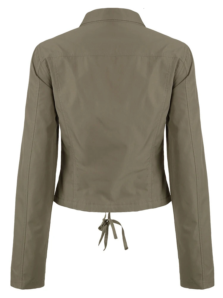 Rockmore Vintage Zip Up Stand Collar Cargo Jacket Women Autumn Harajuku Long Sleeve Streetwear Pockets Drawstring Hem Coats Y2K 250717
