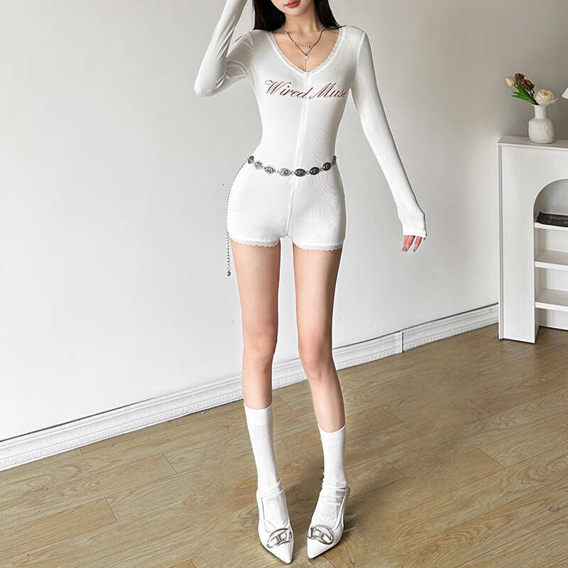 2024 Autumn New Women's Solid Color Slim Street Fashion V-Neck Long Sleeve Printed Jumpsuit e6f