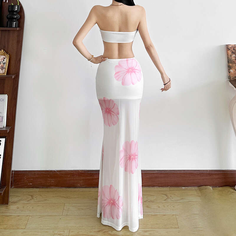 2025 Summer New Fashion Sexy Strapless High Waist Mesh Printed Skirt Set 3db