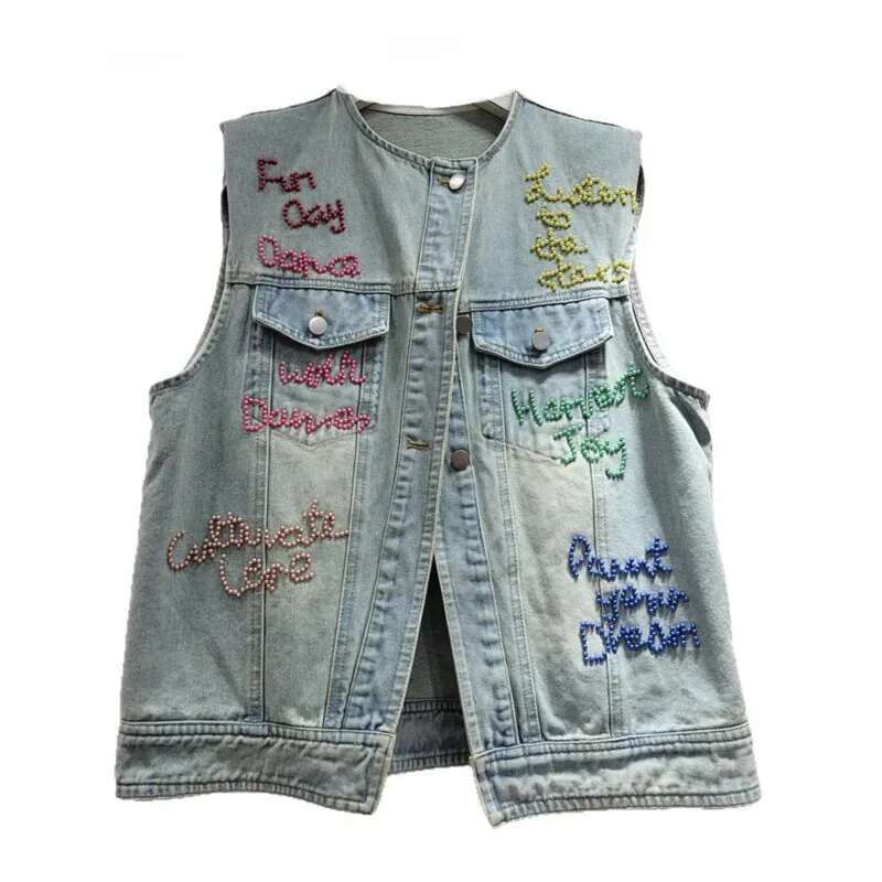 Women's Denim Waistcoat Colorful Letters Beaded Sleeveless O-Neck Single Breasted Vest 2025 Summer New Fashion 29A1497