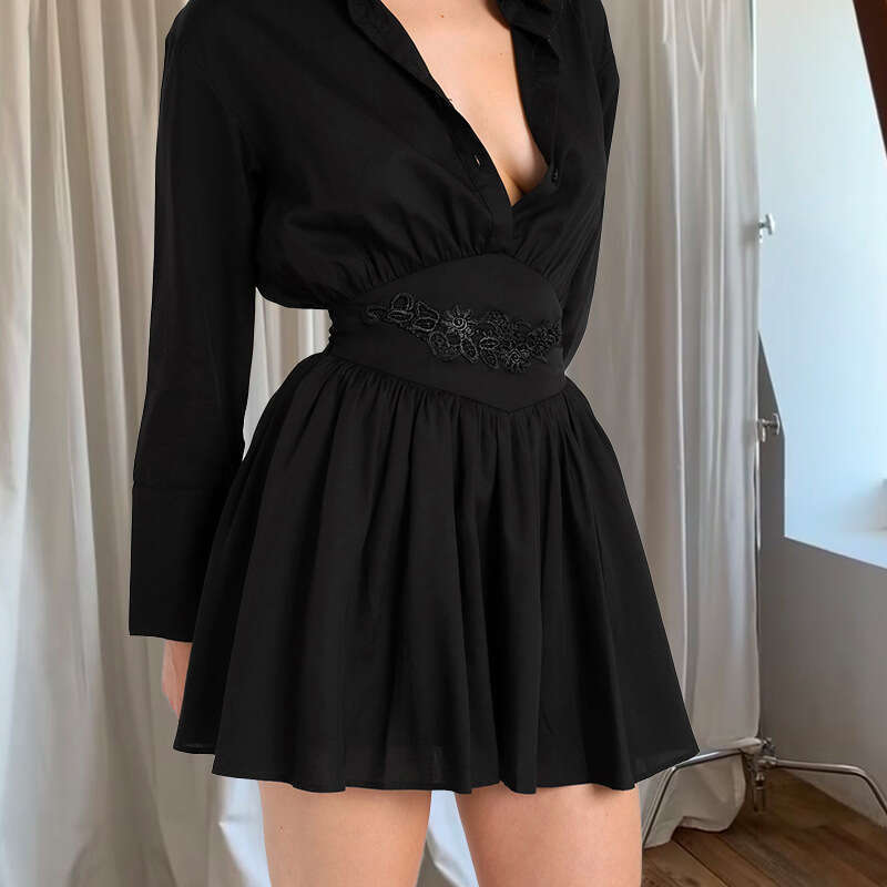 Yds470 Women's Autumn Winter New Solid Color Turn-Down Collar Long Sleeve Embroidered Waist Ruffle Dress B5