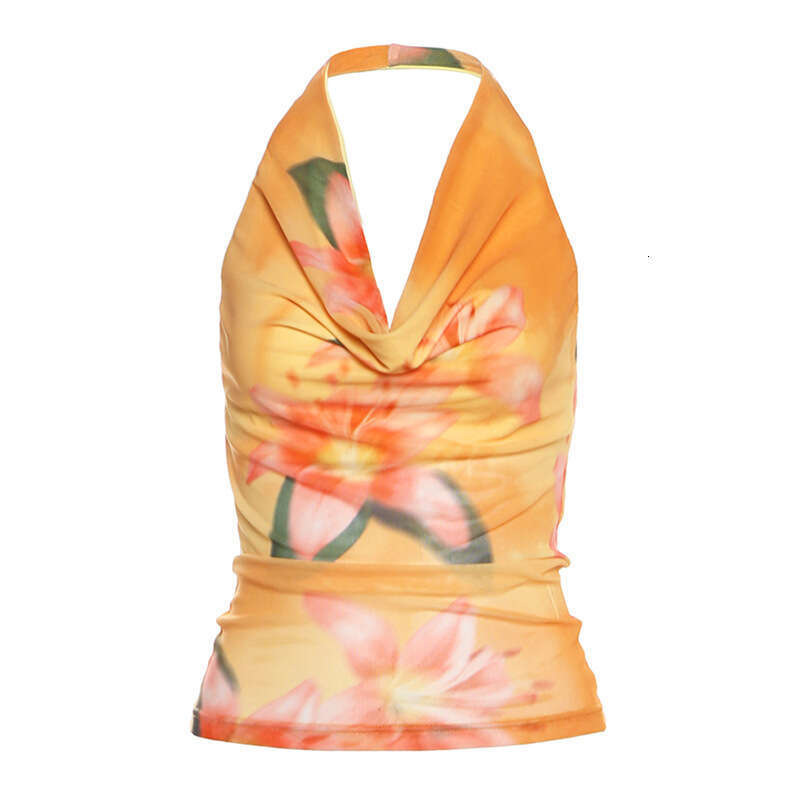 2025 Summer New Style Halter Deep V Sleeveless Top High Waist Slim Fit Printed Skirt Set 04b