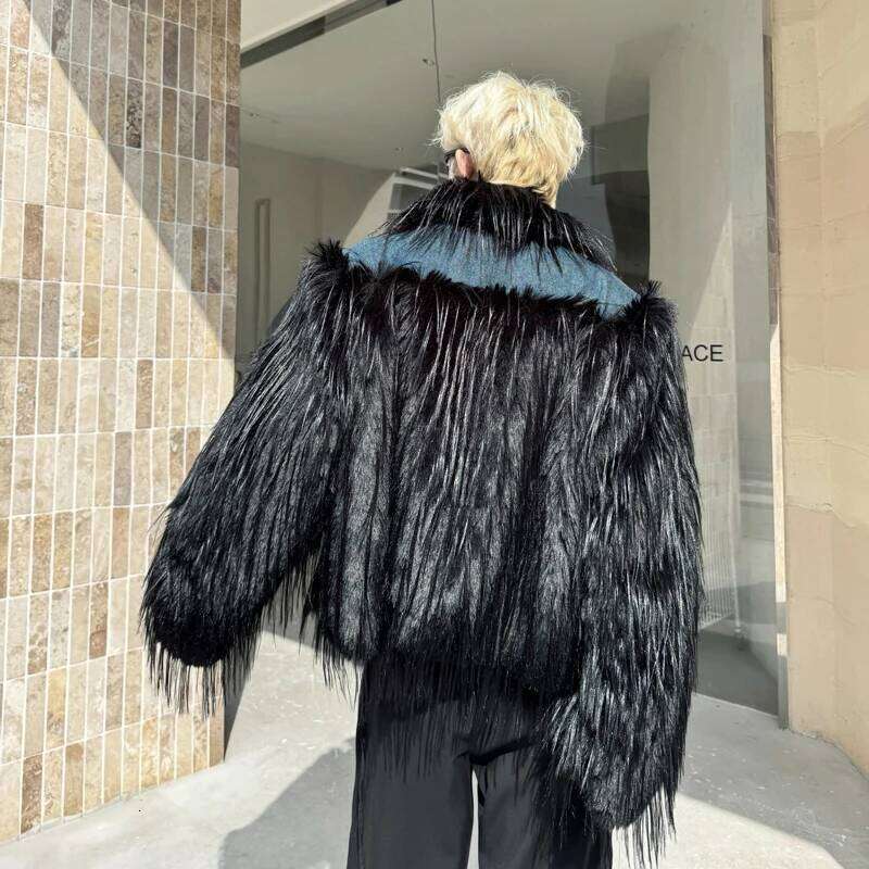 2025 Winter New Male Warm Imitation Fur Cotton-Padded Men's High-End Trendy Handsome Lapel Denim Splicing Cotton Jackets