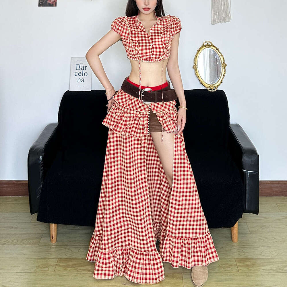 2025 Summer New Sexy Hot Girl Slim Crop Top Irregular High Slit Skirt for Women 659