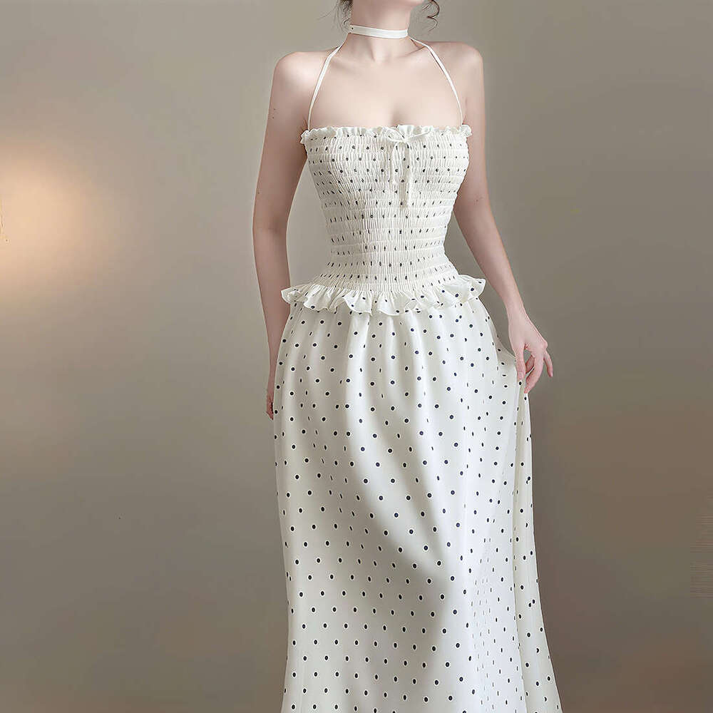 2025 Summer New French Style Polka Dot Print Halter Neck Sleeveless Pure Desire High-end Elegant Dress 21d