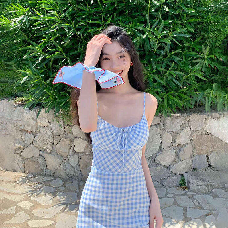 2024 Summer New Women's Solid Color Slim High Waist Fashion Strap Sleeveless Plaid Dress c84