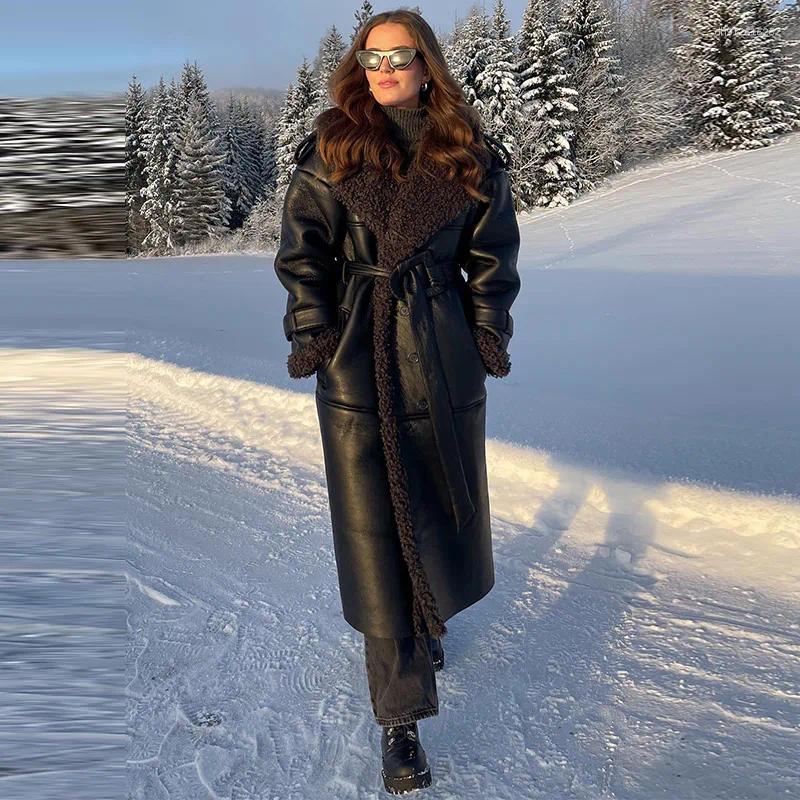 Women's Jackets Vintage Patchwork Fur Leather Coats Women Lapel Lace Up Long Sleeve Thicken Warm Jacket 2025 Winter Lady Streetwear Overcoat