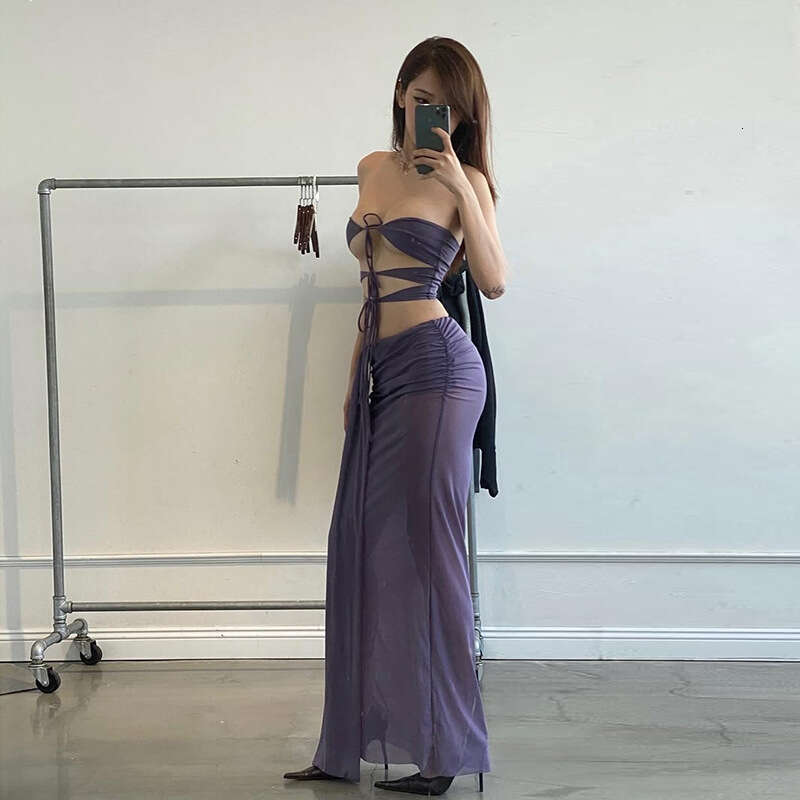 2025 Spring New Women's Solid Color Slim Fit Tube Top Vest Fashion Low Waist Skirt Set 23c