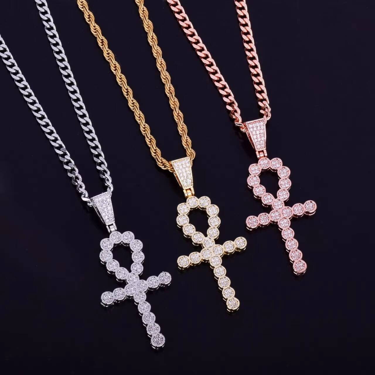 Hot Selling European Vintage Egyptian Moissanite Pendants Charms 18K Gold Silver Hip Hop Ankh Cross Necklace New Vintage Jewelry