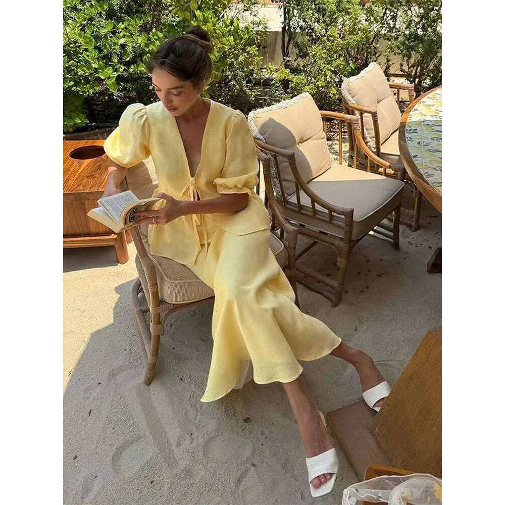 Designer Clothing 2025 Lace Up Short Sleeved Women Two Pieces Set V-Neck Summer Women's Bubble Sleeve Shirt Long Skirt Loose Casual Outfit