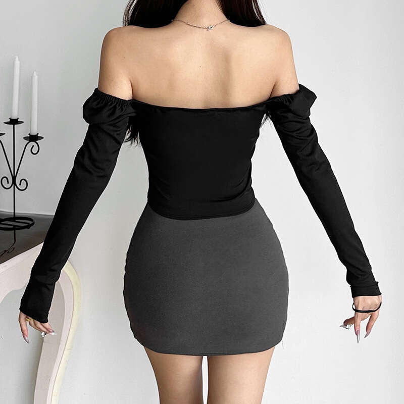 2024 Autumn New Women's Solid Color Slim Street Fashion Square Neck Long Sleeve Backless Top ed1
