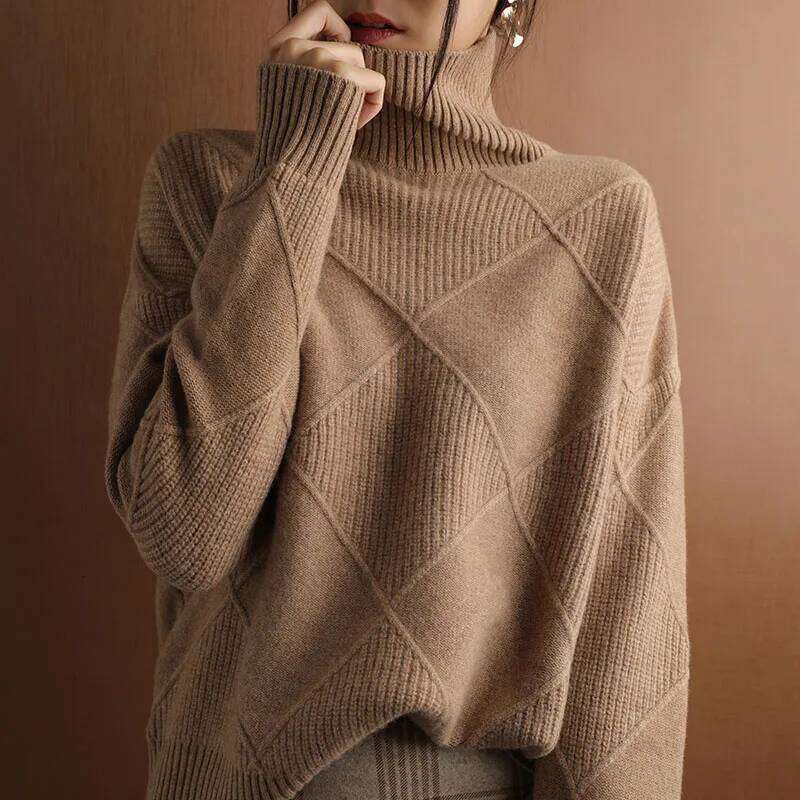 Cashmere Color Knitted Turtleneck Pullover 100% Pure Wool Loose Large Size Sweater Women MDNG