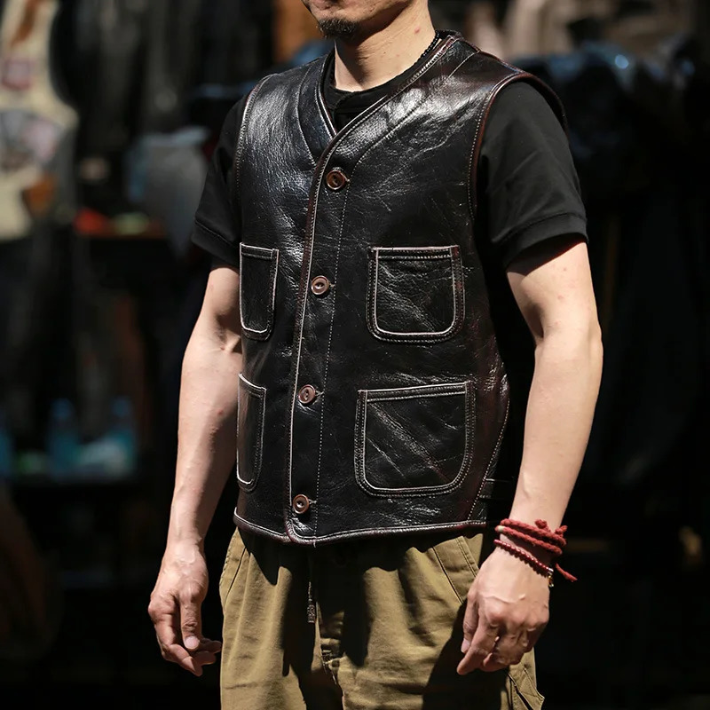 Mens Casual Retro Cowhide Leather Motorcycle Vest Sleeveless Tank Top in BrownCoffeeBlue Colors for Waistcoat Wear 250725