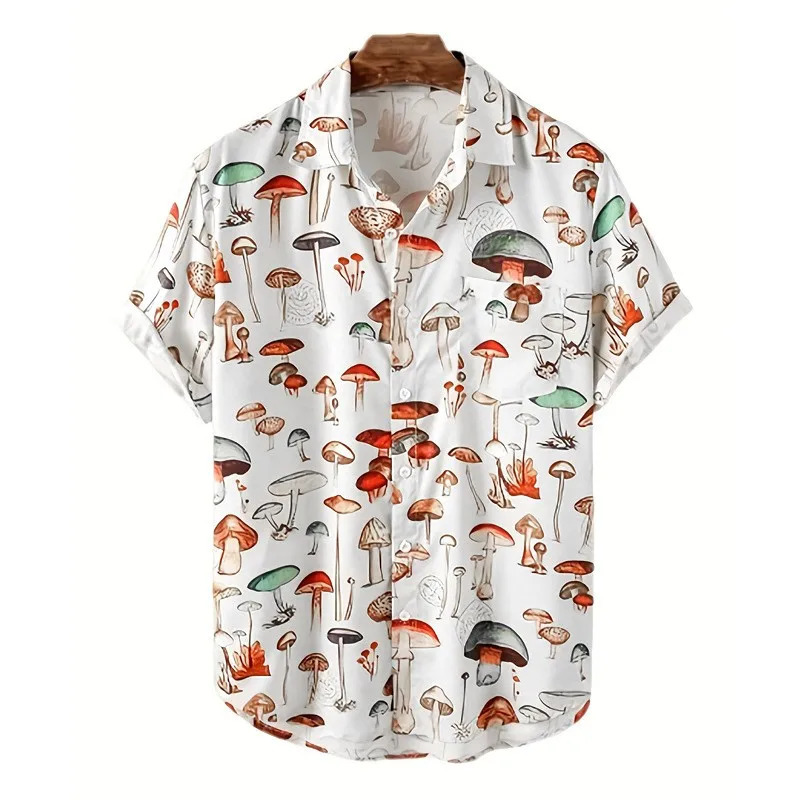 Summer Men Hawaiian Style Shirt Fashion Casual Streetwear Turndown Collar Short Sleeve Cartoon Mushroom Beach Printed 250725