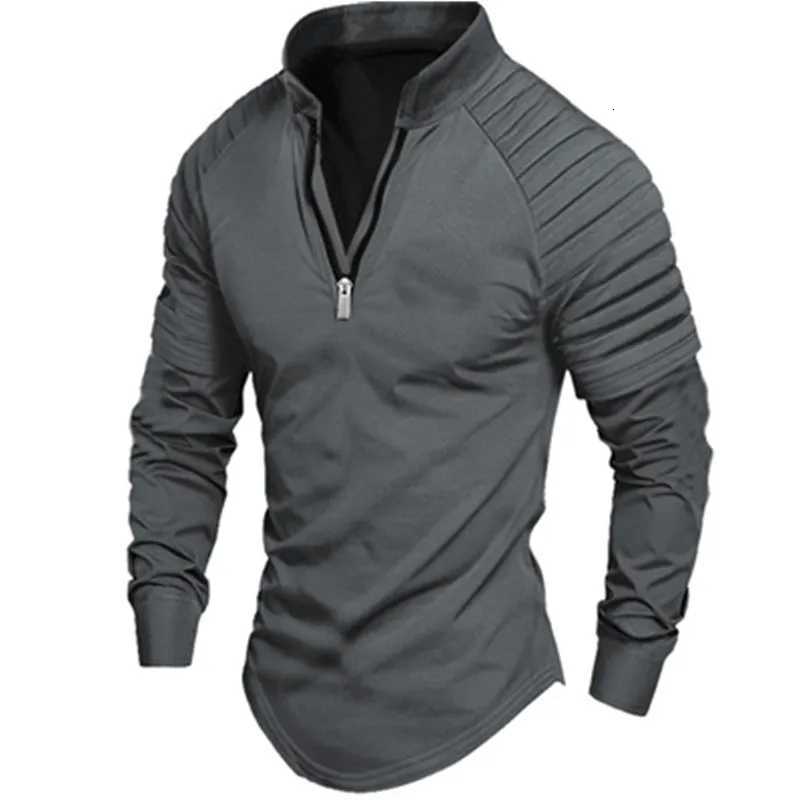 Mens Long-Sleeved Polo Shirt with Zipper Standing Collar Pleated Sleeves Solid Color Sports Casual Slim Fashion Mens Wear XJ250725