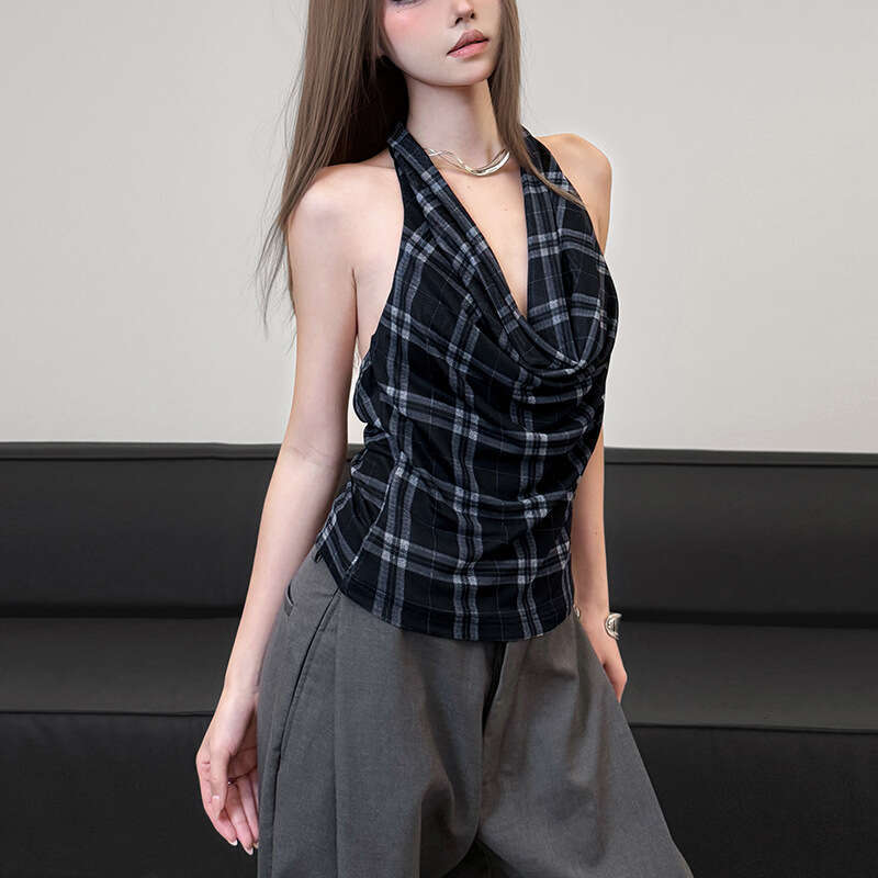 2025 Spring/Summer New Women's Fashion Street Style Sexy Sleeveless Halter Plaid Vest aad
