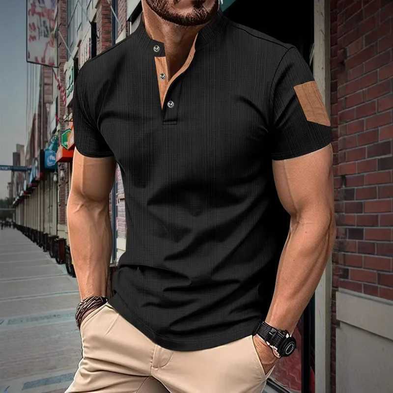 Mens summer fashion short sleeved T-shirt mens business casual Henley shirt breathable solid color stand up collar top Y250724