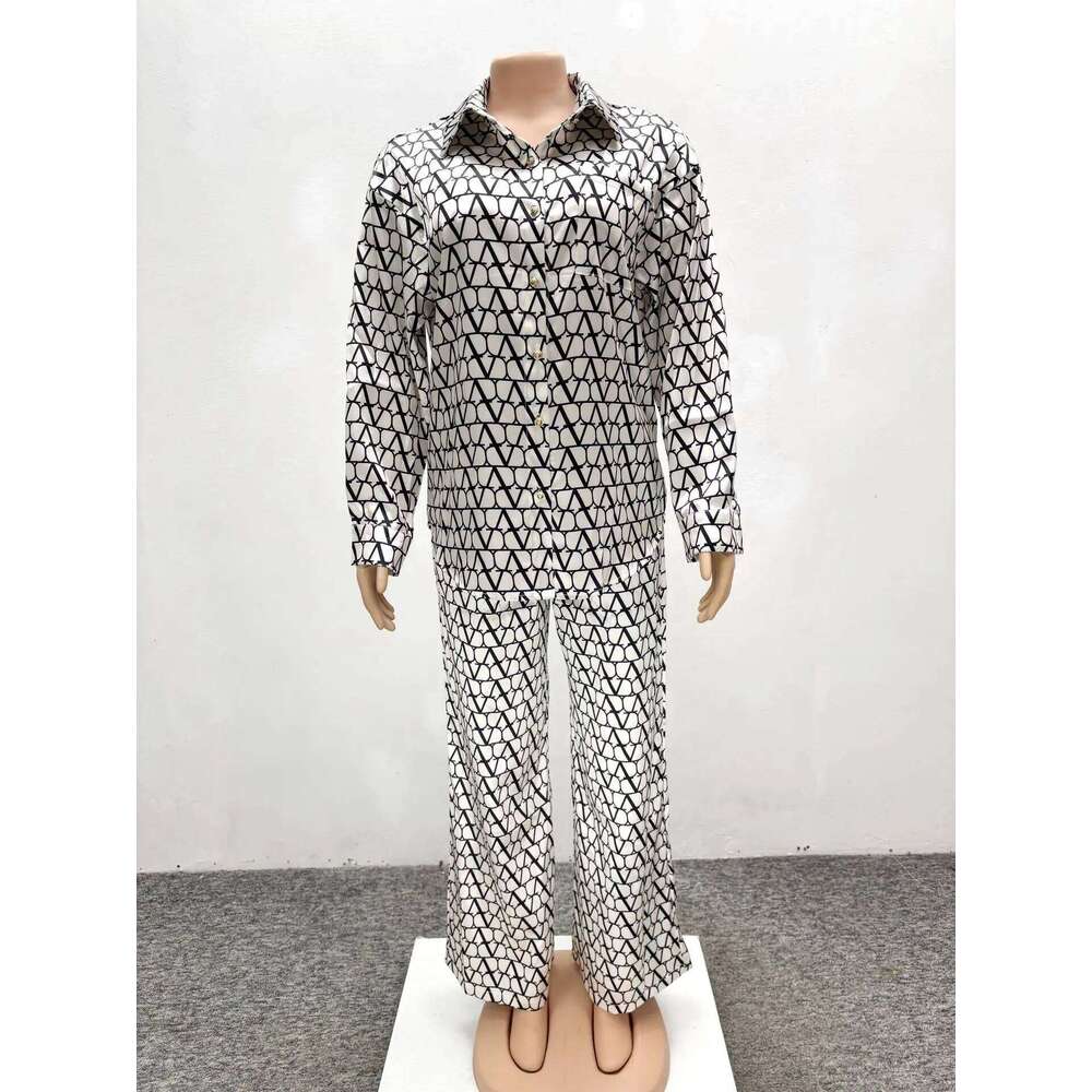Designer Leisure High Quality Fashion Printing Two Piece Set Spring Women Long Sleeves Lapel Shirt+High Waist Loose Wide Leg Pants Autumn Female Outfi