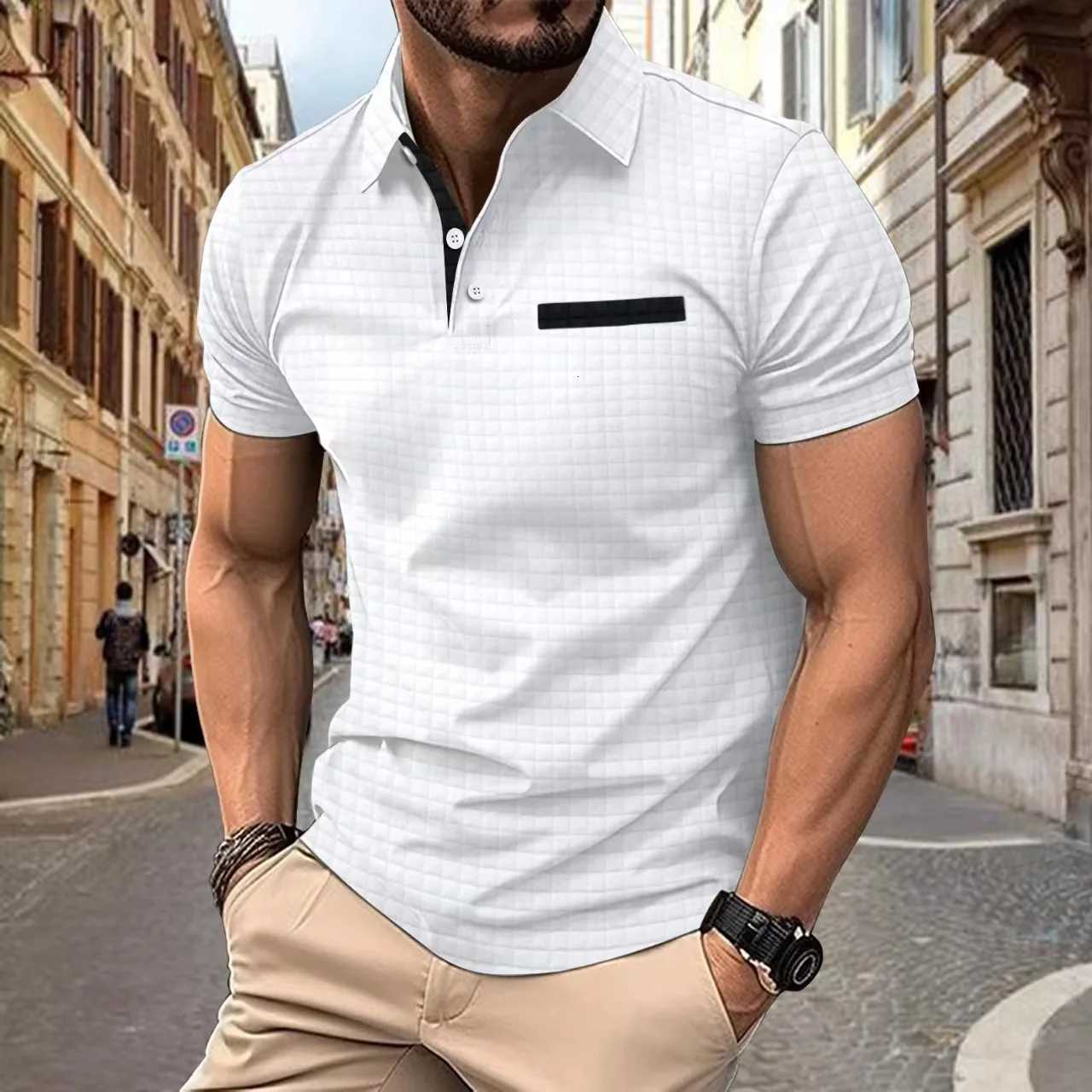 Mens Solid Color Summer Short Sleeve Polo Shirt Fashionable Button Jacquard Plaid Polo Shirt Mens Casual Golf Polo Shirt XJ250725