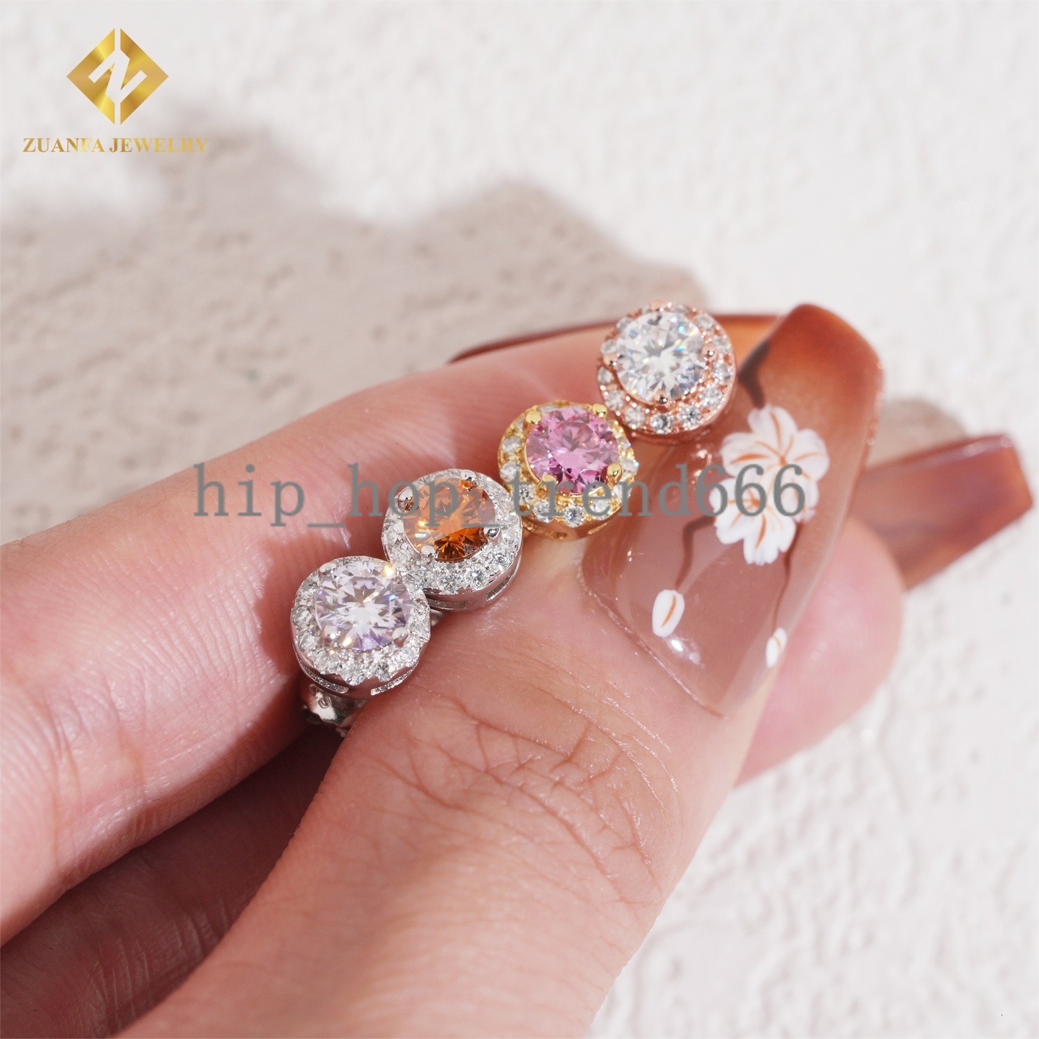 Moissanite Sakura Pink Halo Earrings Studs Round Brilliant Cut VVS GRA Certificate Moissanite Diamond Sterling Silver Screw Back