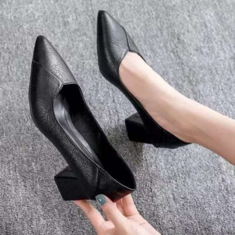 Chunky Single Women, Mid Soft Leather 2025 New Versatile Low Heel Black Professional Work Summer Shoes for Women ddmythur