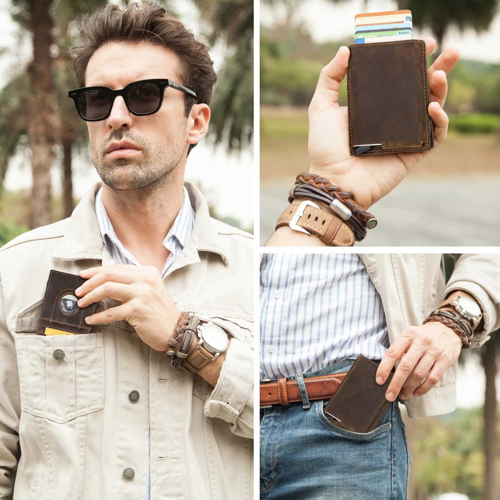 CONTACTS Genuine Leather Magic Wallets for Men RFID Holder Metal Slim Pop Up Minimalist Men Wallets Money Bag Purse Z250725