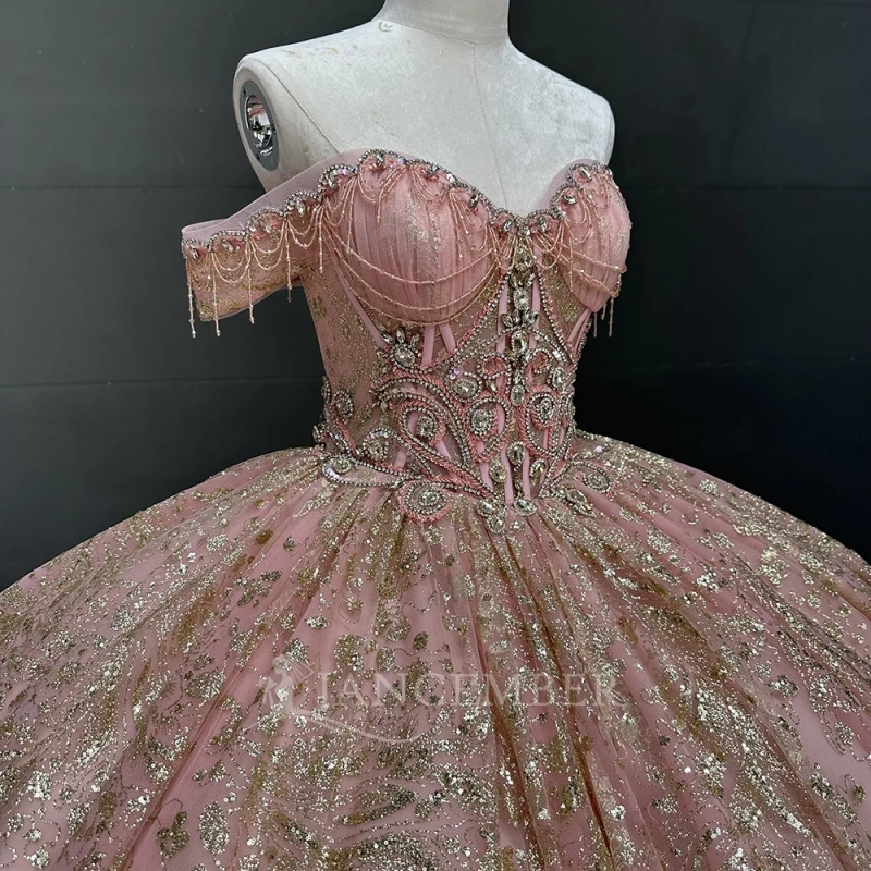 Pink Shiny Quinceanera Dresses Off Shoulder Ball Gown Sweet 16 Dress Sequin Gold Applique Lace Beading Tull Birthday Party Vestidos 15 Anos