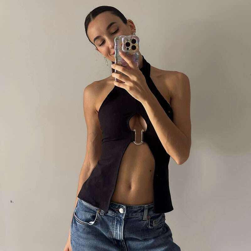 2025 Summer New Ins Style Hot Girl Sexy Slim Hollow Out Cropped Halter Top for Women 980