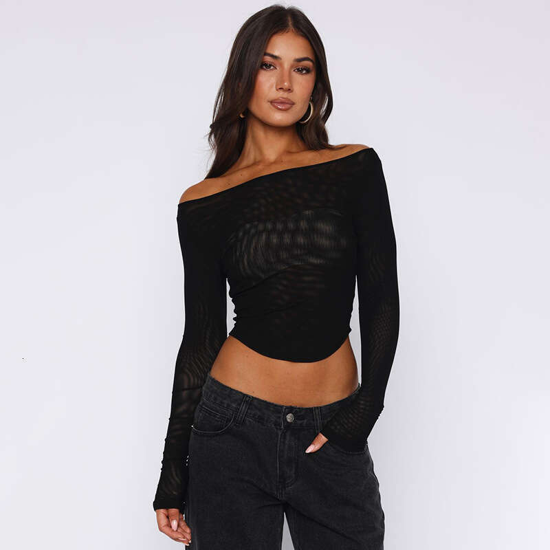 Ytp227 Women's Summer New Sheer Mesh Pullover Off-Shoulder Curved Hem Top B5