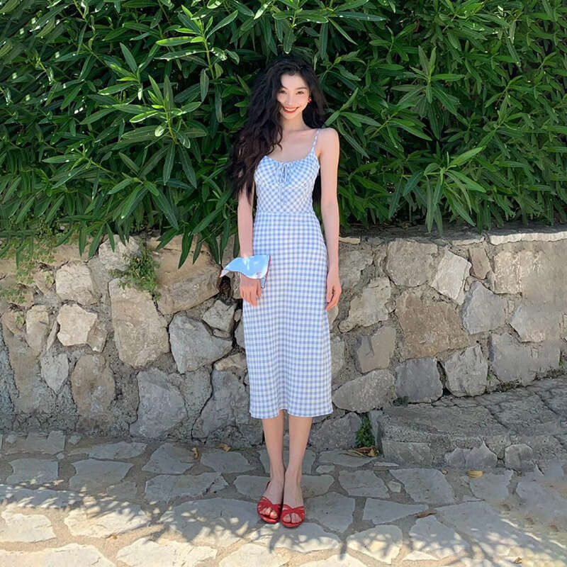 2024 Summer New Women's Solid Color Slim High Waist Fashion Strap Sleeveless Plaid Dress c84