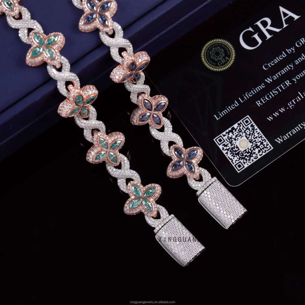 New Fashion Four Leaf Sterling Sier Colored Marquise Moissanite Infinity Link Clover Cuban Bracelet