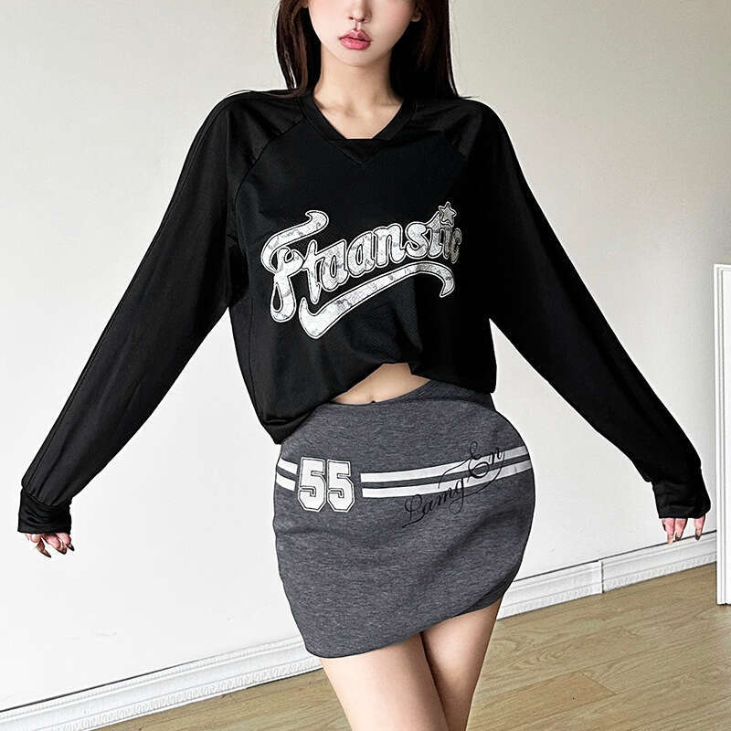 2024 Summer New Fashion Letter Print Long Sleeve Top High Waist Bodycon Skirt bcf