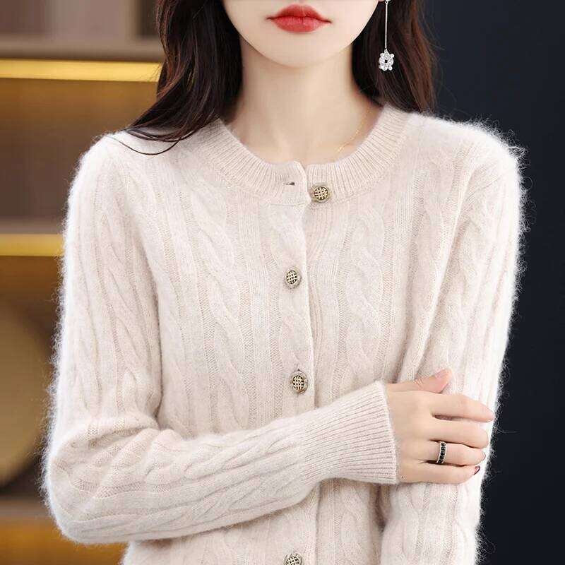 100% Mink Cashmere Cardigan Sweater Women's Knitted O-Neck Long Sleeve Top Casual Loose Fitting Clothing Korean Fashion Pullover MDNG