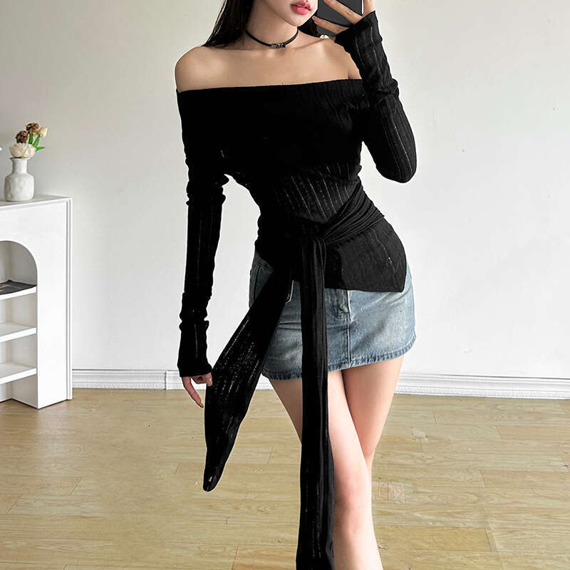 2024 Autumn New Women's Solid Color Slim Fit Street Fashion Off-Shoulder Long Sleeve Backless Top f44