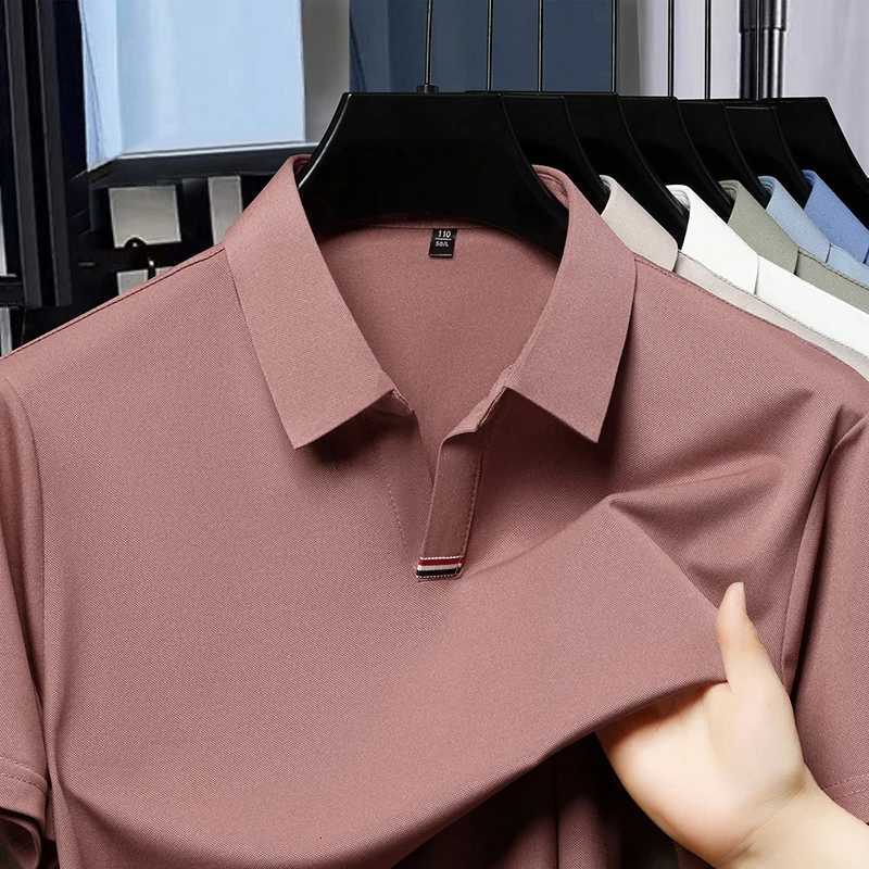High Quality Brand Solid Color V-Neck Short Sleeve Polo Shirt Men Summer Fashion Simple Casual Ice Silk Breathable Lapel T-Shirt XJ250725