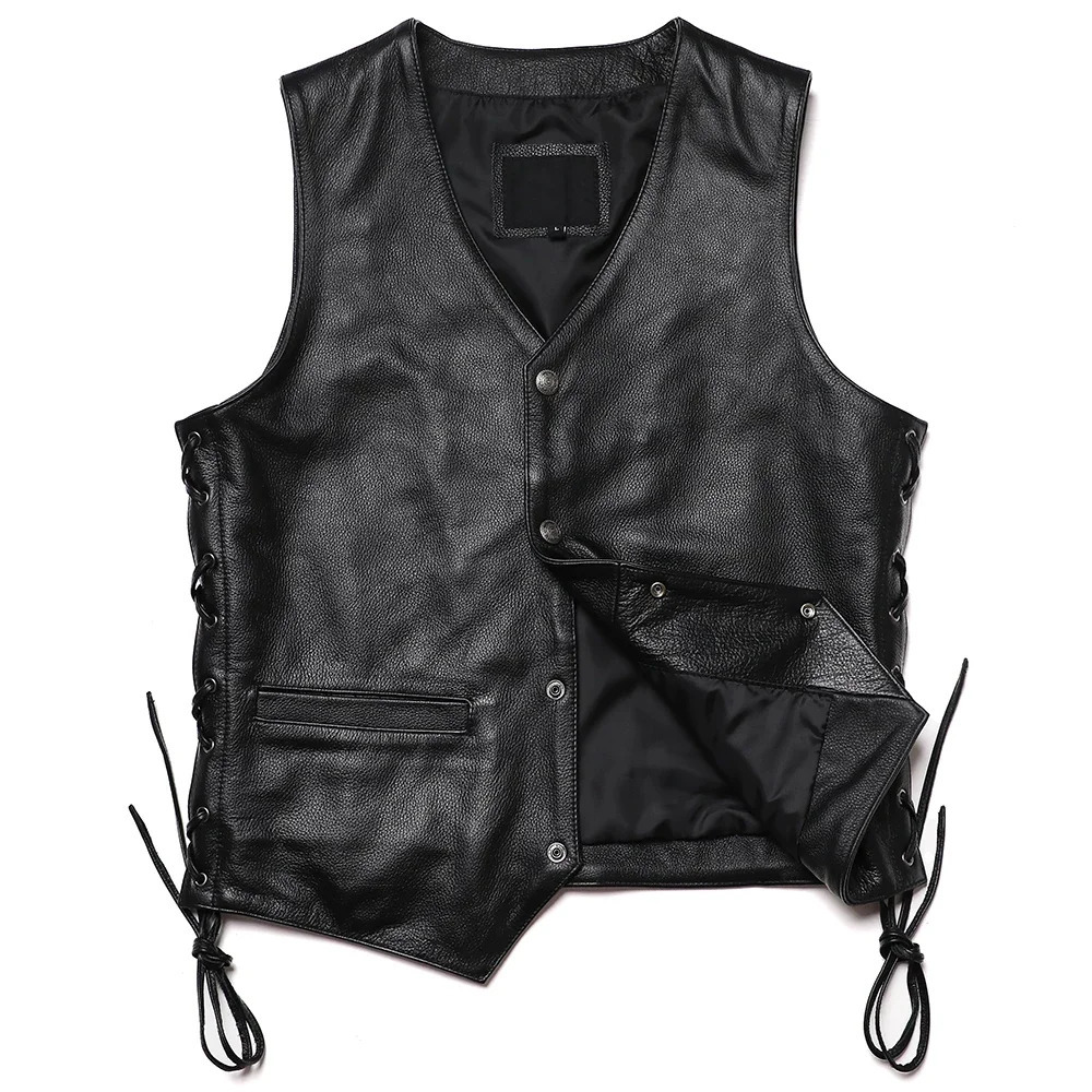 Classical Motorcycle Leather Vest Mens Natural Cowhide Genuine Slim V Neck Tassels Sleeveless Jacket 250725