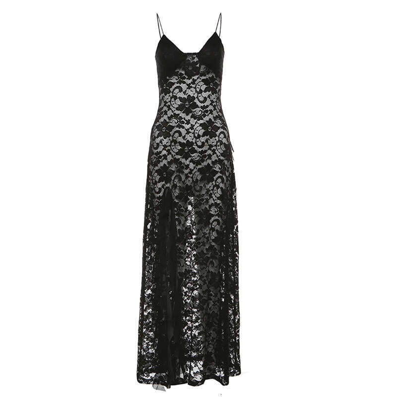 2024 Summer New Women's Solid Color Slim Fit High Waist Fashion V-neck Spaghetti Strap Sheer Dress 588