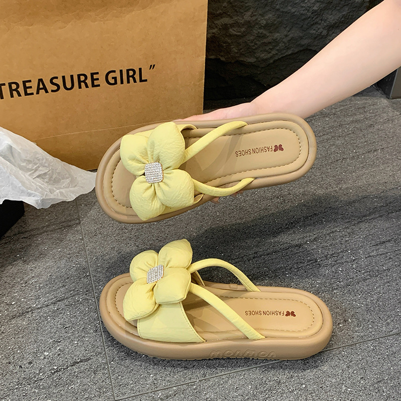 Ddmysports Fashion Rhinestone Flower Thick Sole Slippers For Women Summer Outdoor New Fairy Style One Strap Platform Sandals Outdoor Shoes